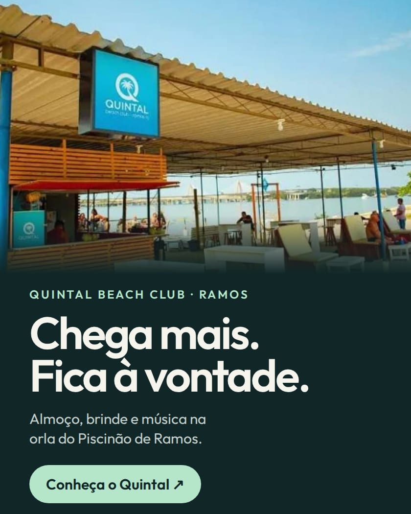 Quintal Beach Club, na orla do Piscinão de Ramos. Chega mais, fica à vontade: almoço, brinde e música. Conheça o Quintal